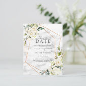 Gold Geometric White Floral Marble Delay The Date Aankondigingskaart (Staand voorkant)