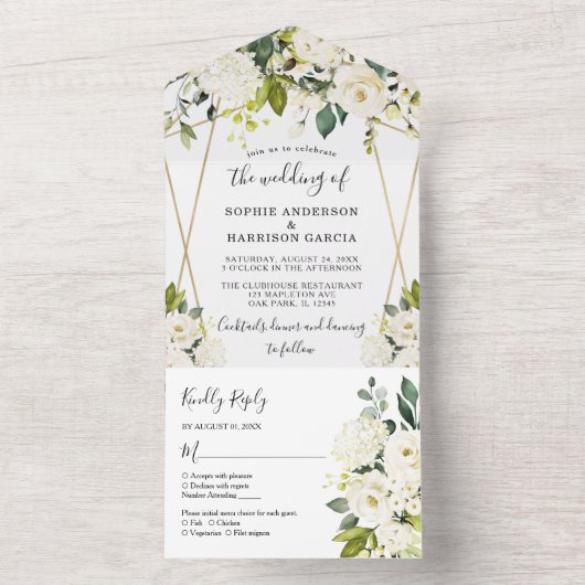 Gold Geometric White Hydrangea Floral Wedding All In One Uitnodiging (Binnen)