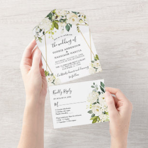 Gold Geometric White Hydrangea Floral Wedding All In One Uitnodiging