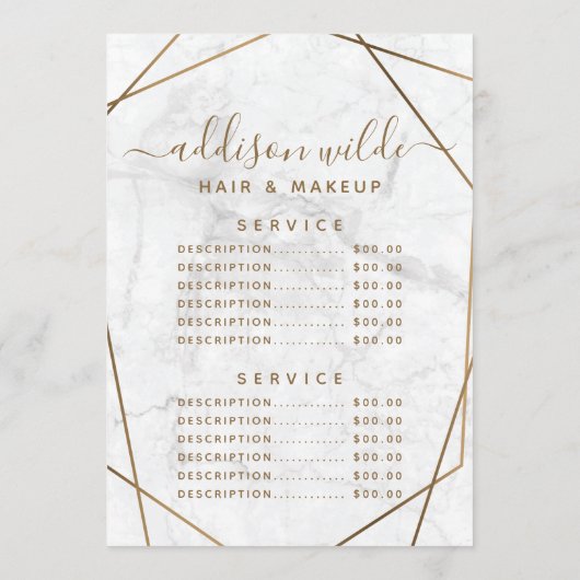 Gold Geometric White Marble Abstract Price List Menu (Achterkant)
