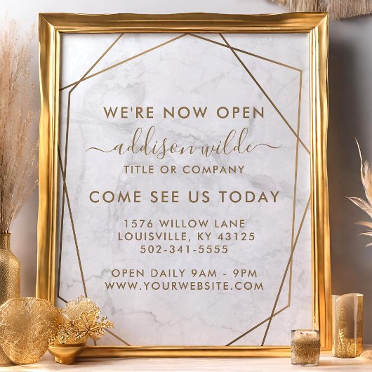 Gold Geometric White Marble Business Opening Flyer