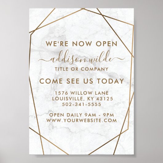 Gold Geometric White Marble Business Opening Poster (Voorkant)