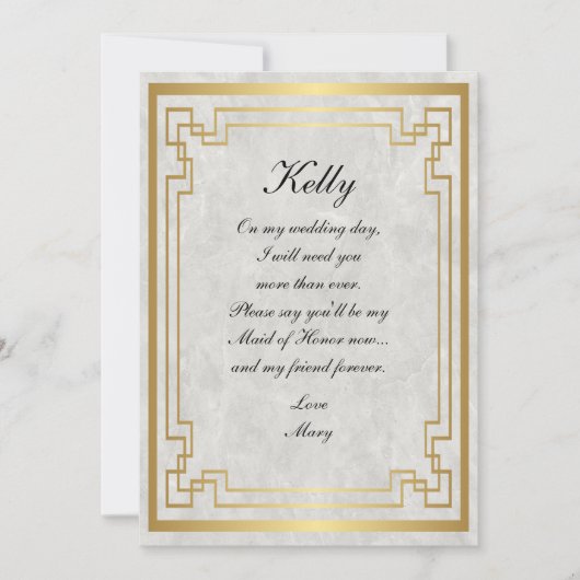 Gold Geometric White Marble Wedding Maid of Honor Kaart (Voorkant)