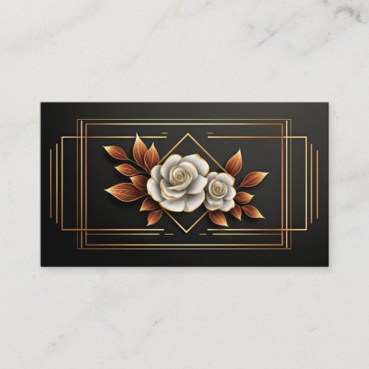 Gold Geometric White Rose Floral Midnight Black Visitekaartje (Voorkant)