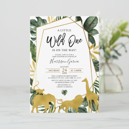 Gold Geometric Wild One Oerwoud Animals Baby showe Kaart (Staand voorkant)