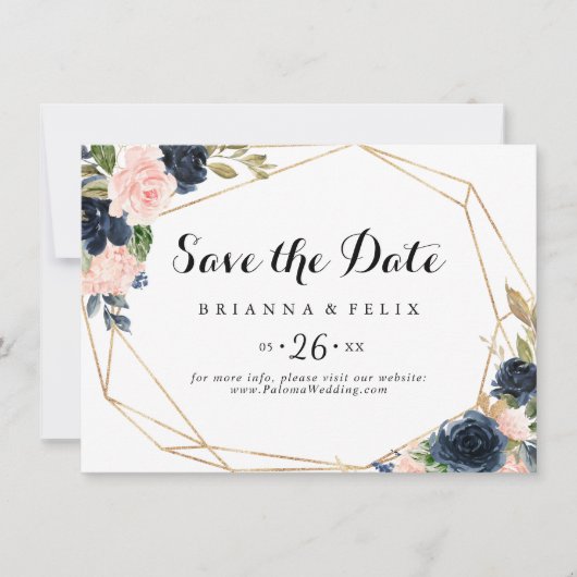 Gold Geometric Winter Floral Horizontal Wedding Save The Date (Voorkant)