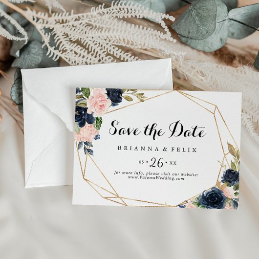 Gold Geometric Winter Floral Horizontal Wedding Save The Date