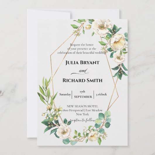 Gold Geometric | Wit-Floral Foliage Wedding Kaart (Voorkant)