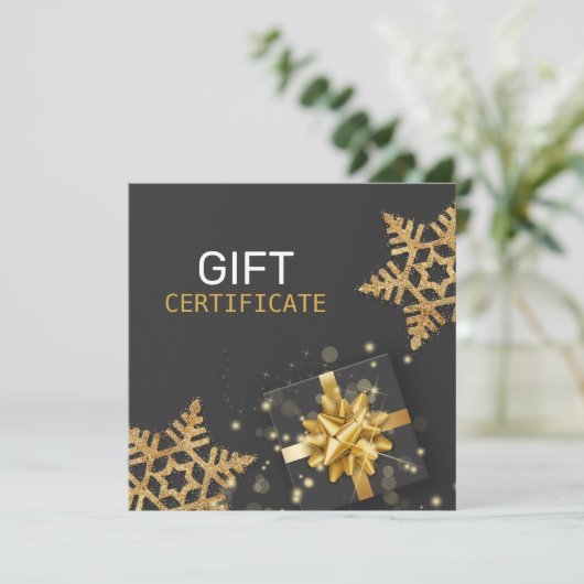 Gold Gift Box Glitter Snowflakes Black Cadeaukaart (Staand voorkant)
