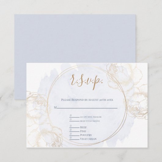 Gold Gilded Roos op Dusty Blue RSVP Kaartje (Voorkant / Achterkant)