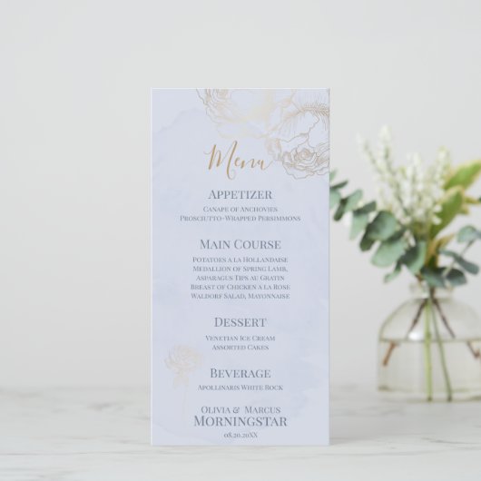 Gold Gilded Roos Waterverf Wedding Menu (Staand voorkant)