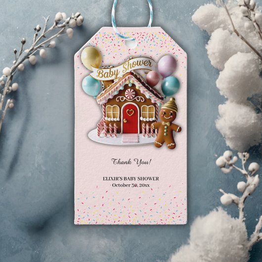 Gold Gingerbread House Baby shower Cadeaulabel