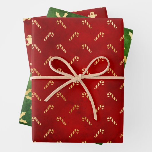 Gold Gingerbrood Mannen, Holly en Candy Canes Inpakpapier Vel (In situ)