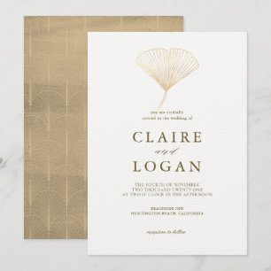 Gold Ginkgo Leaf White Wedding Kaart