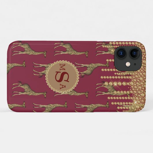 Gold Giraffe Monogram Bling Burgundy Jewels Case-Mate iPhone Case (Achterkant (horizontaal))