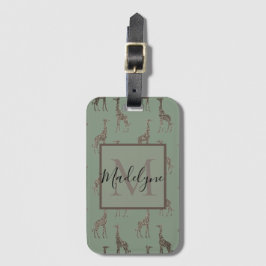 Gold Giraffe op Sage Green Monogram Bagagelabel