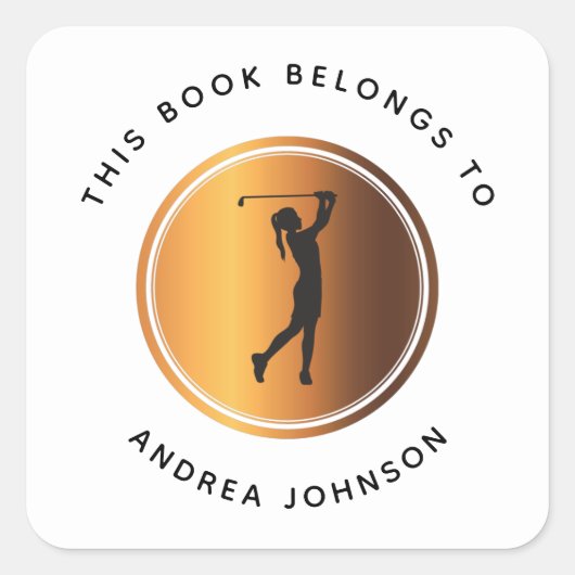 Gold Girl Golfer Silhouette Kinder School Bookplat Vierkante Sticker (Voorkant)