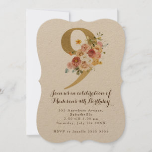 Gold Girls Floral 9th Birthday Party Invite Kaart