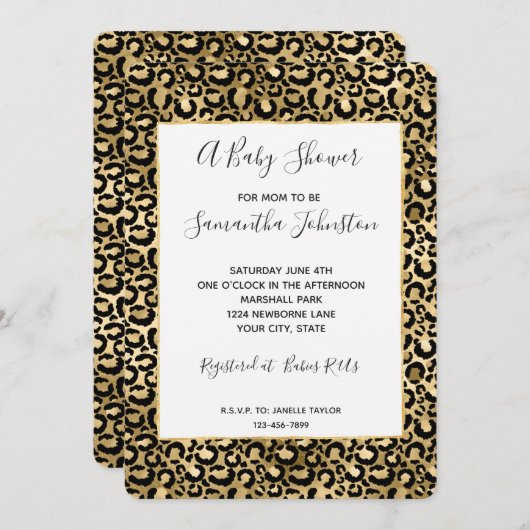 Gold Glam Black Leopard Print Baby shower Kaart (Voorkant / Achterkant)