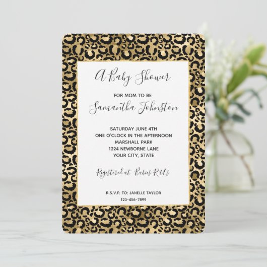 Gold Glam Black Leopard Print Baby shower Kaart (Staand voorkant)