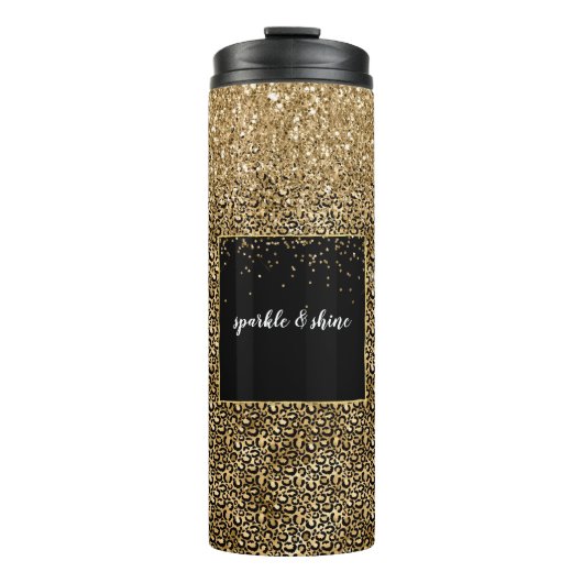 Gold Glam Black Leopard Print faux glitter Thermosbeker (Voorkant)