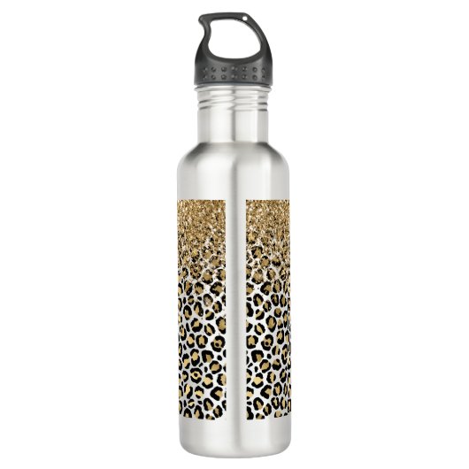 Gold Glam Black Leopard Print Glitter Sparkle Waterfles (Achterkant)