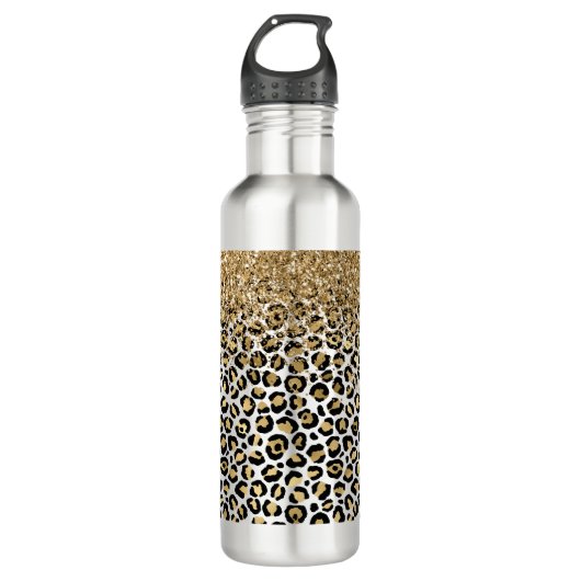 Gold Glam Black Leopard Print Glitter Sparkle Waterfles (Voorkant)
