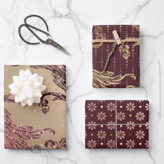 Gold Glam Bourgogne Stippen Inpakpapier Vel (Voorkant)