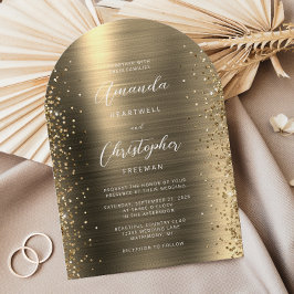 Gold Glam Brushed Metal Glitter Arch Wedding Kaart