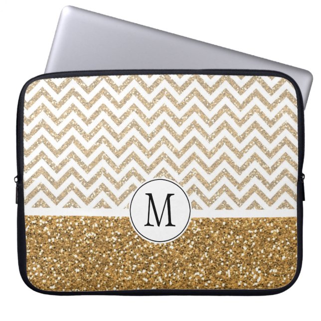 Gold Glam Faux Glitter Chevron Laptop Sleeve (Voorkant)
