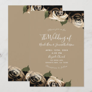 Gold Glam Floral Rozen Elegant Tan Wedding Kaart