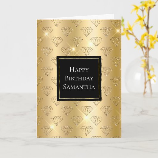 Gold Glam Glitter Diamonds Verjaardag Kaart (Gele Bloem)