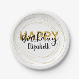 Gold Glam Glitter Happy Birthday Gepersonaliseerd Papieren Bordje