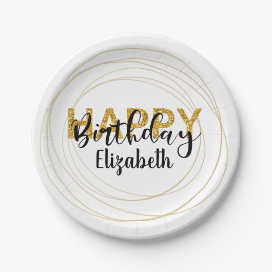 Gold Glam Glitter Happy Birthday Gepersonaliseerd Papieren Bordje (Voorkant)