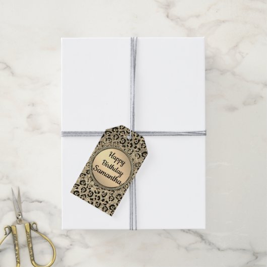Gold Glam Glitter Leopard Print Cadeaulabel (Met Touw)
