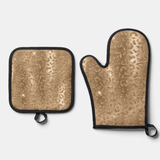 Gold Glam Glitter Leopard Print Ovenwant & Pannenlap Set (Voorkant)