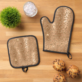 Gold Glam Glitter Leopard Print Ovenwant & Pannenlap Set