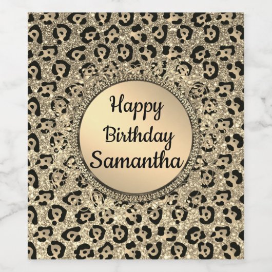 Gold Glam Glitter Leopard Print Wijn Etiket (Enkel label)