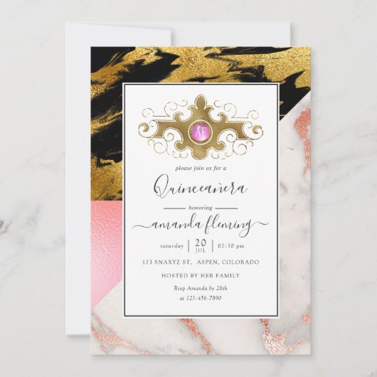 Gold Glam Glitter Marble Monogram Quinceañera Kaart (Voorkant)
