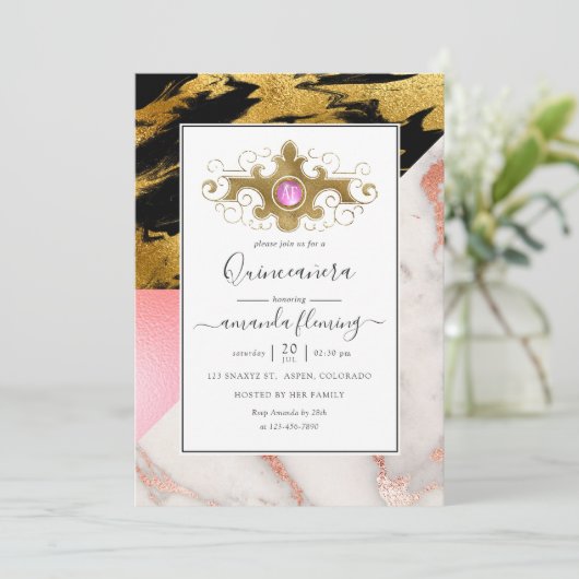 Gold Glam Glitter Marble Monogram Quinceañera Kaart (Staand voorkant)