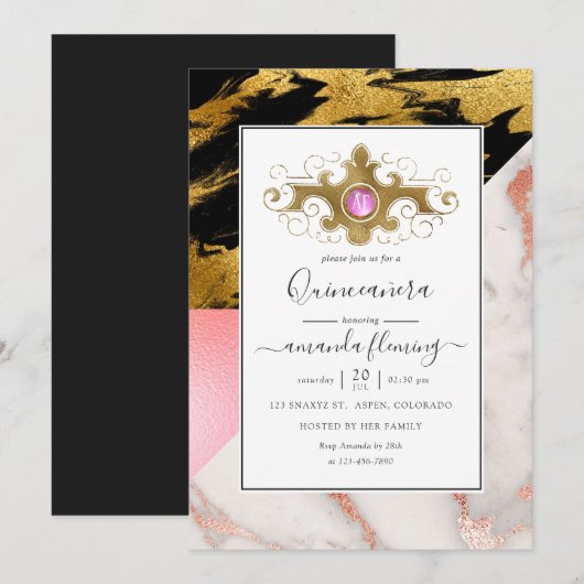 Gold Glam Glitter Marble Monogram Quinceañera Kaart (Voorkant / Achterkant)
