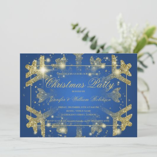 Gold Glam Glitter Snowflake Xmas Holiday Blue Kaart (Staand voorkant)