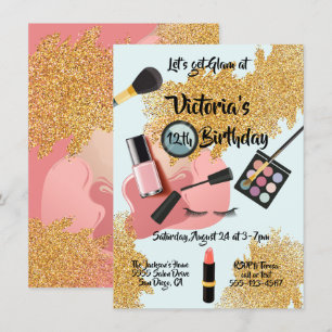 Gold Glam glitter Spa Birthday party Kaart