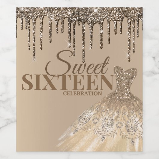 Gold Glam Glitter Spark Sweet 16 Birthday Party Wijn Etiket (Enkel label)