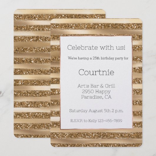 Gold Glam Glitter Stripes Verjaardag Kaart (Voorkant / Achterkant)