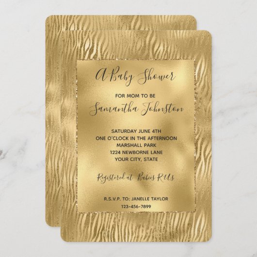 Gold Glam Glitz Zebra Print Baby shower Kaart (Voorkant / Achterkant)
