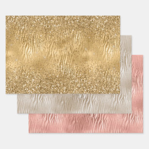 Gold Glam Glitz Zebra Print Faux Glitter Inpakpapier Vel