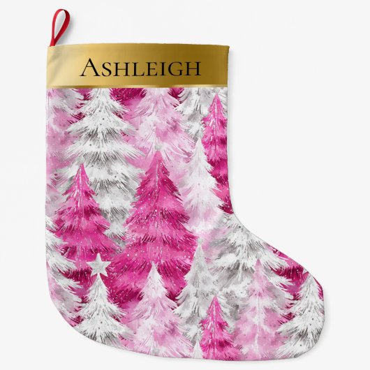 Gold Glam Pink White Christmas Trees Grote Kerstsok (Voorkant)