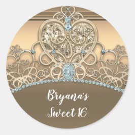 Gold Glam Princess Heart Tiara Birthday Party Ronde Sticker