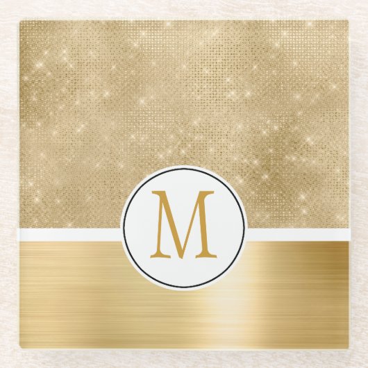 Gold Glam Sparkle Monogram Glazen Onderzetter (Voorkant)